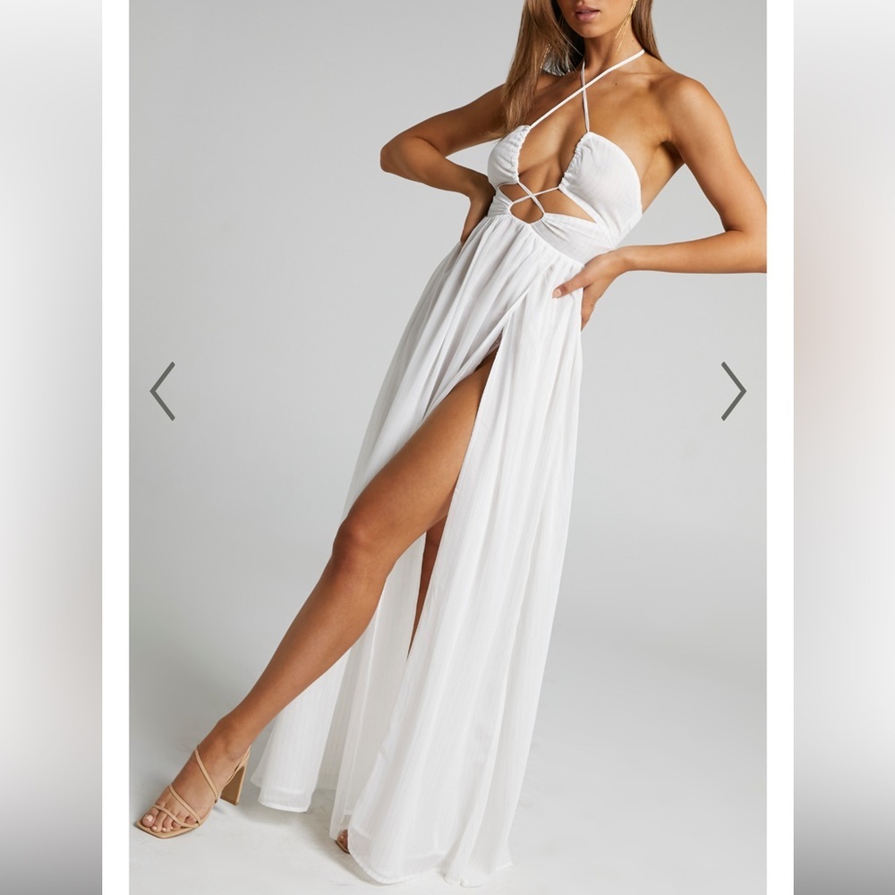 Showpo Chaimbers Twist Halter Neck White Metallic Striped Maxi Dress Womens 6